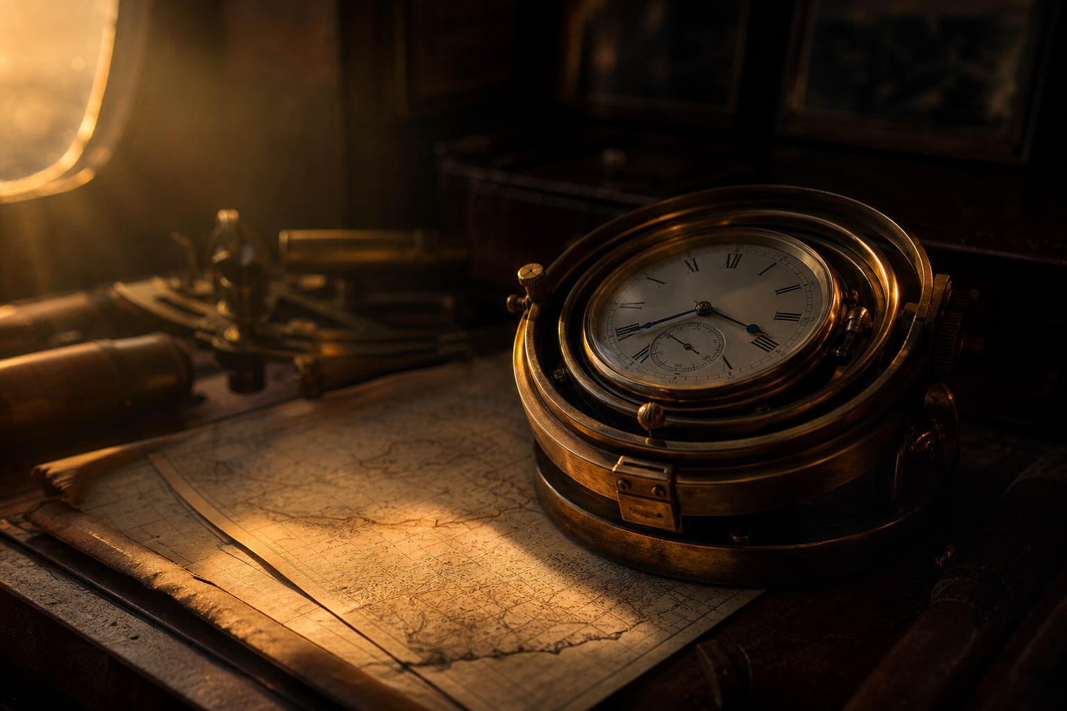 Marine chronometer on aged charts