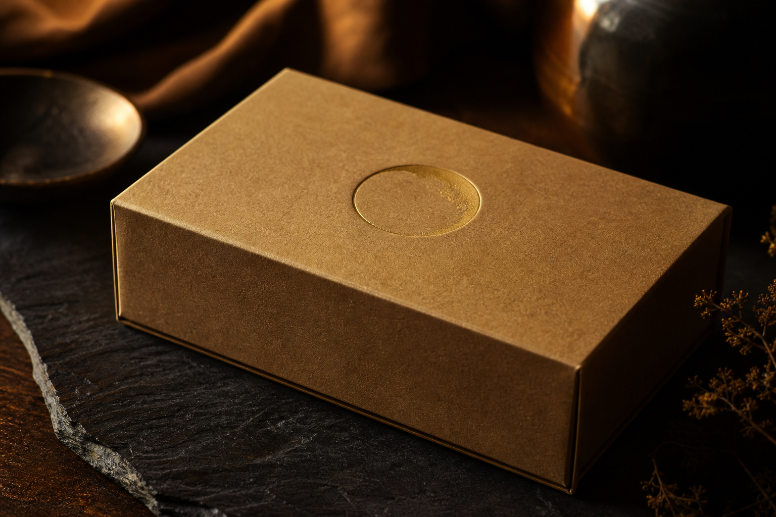 Kraft box with debossed circular mark
