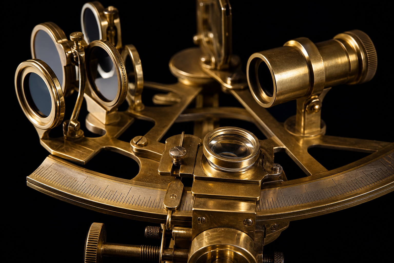 Macro of a brass sextant, graduated arc and Vernier scale